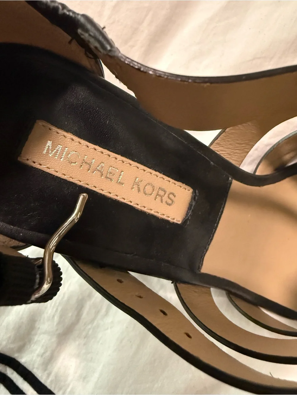 Michael Kors Black Strappy Leather Heeled Sandals with Silver Accents